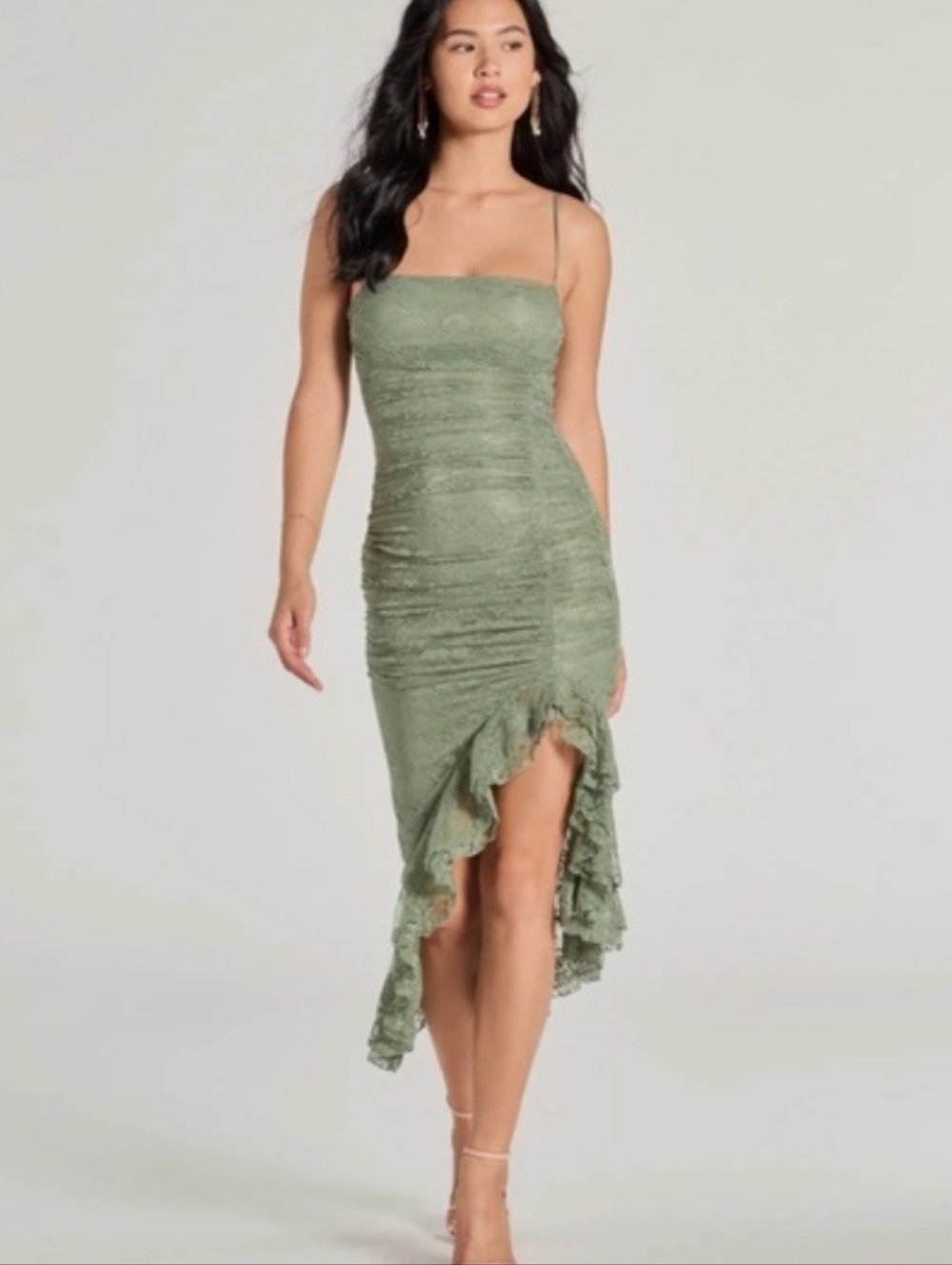 Windsor Sage Green Ruffle-Hem Lace Bodycon Dress